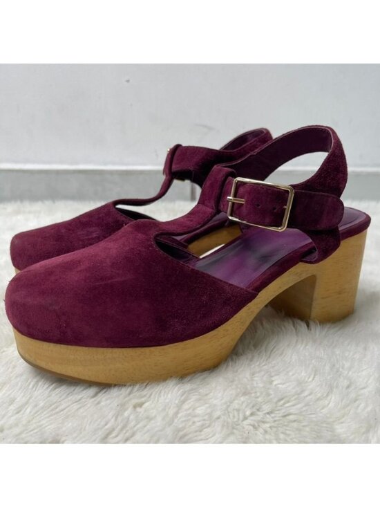Charlotte Olympia Shoes - Charlotte Stone Maud T-Strap Clogs Burgundy Suede Wooden Platform Heels Size 8